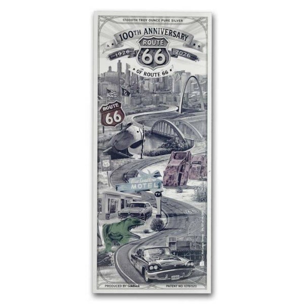 1/1000 oz Goldback 100th Anniversary Route 66 Silver Note