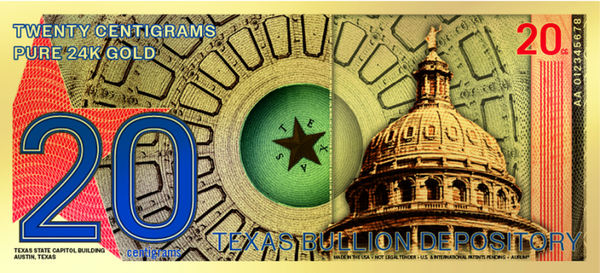 Billet Aurum en or de 20 centigrammes – Capitole du Texas – 2025