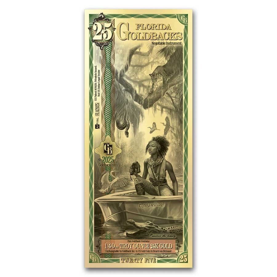 ** SUR COMMANDE SEULEMENT ** 25 Florida Goldback - Aurum Gold Foil Note (24k)