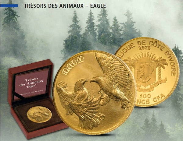 TRÉSORS DES ANIMAUX: EAGLE - 1g .999 Gold coin - 100 Francs CFA Ivory Coast 2026