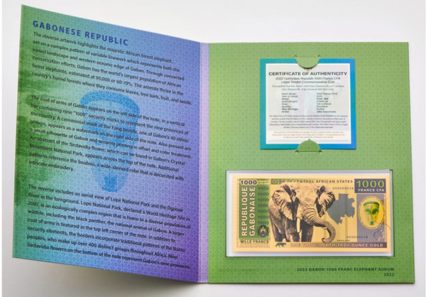Gabon 1000 Franc Aurum 24k Gold Bill – In Folder