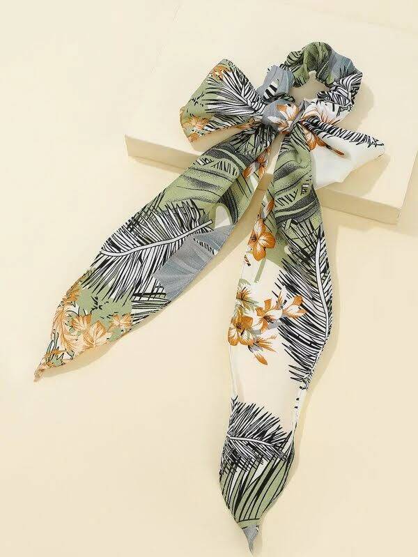 Single Piece Leaf Patterned Scrunchie with Bow Tie