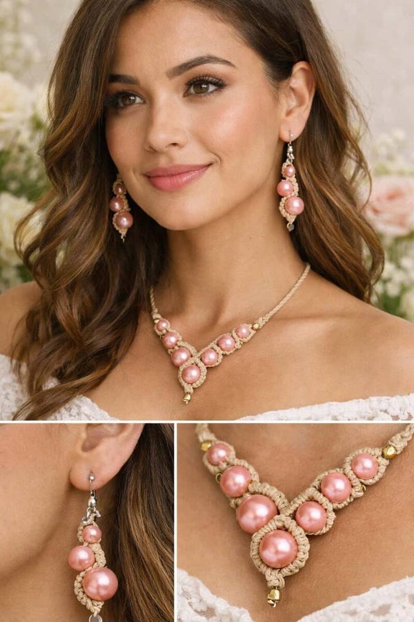 Parure en micro-macramé « Perles Rosées »
