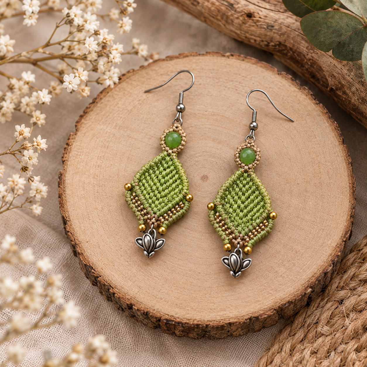 🌿 Boucles d’oreilles artisanales – Vert & Doré