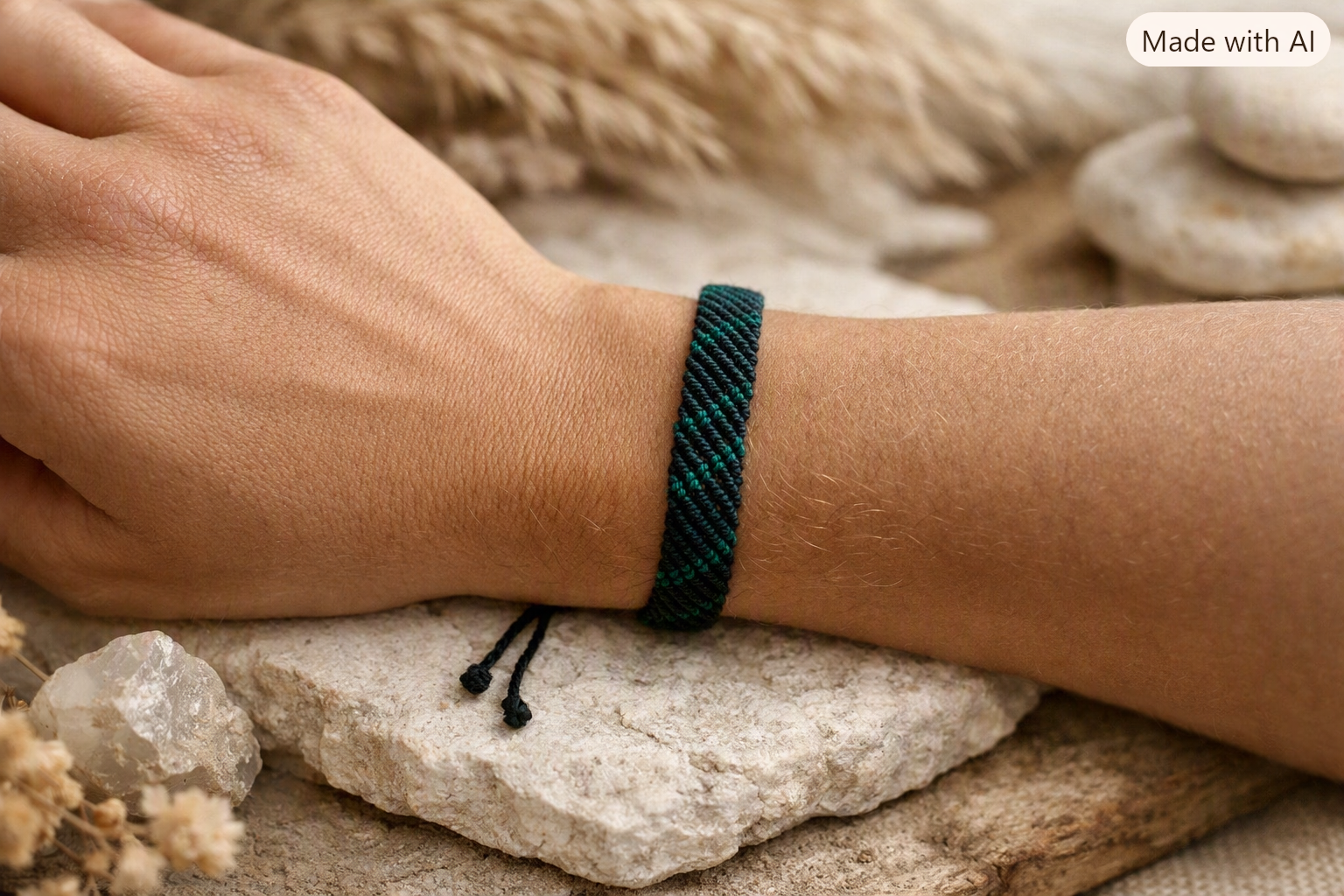Bracelet homme noir & vert – tressage bohème artisanal