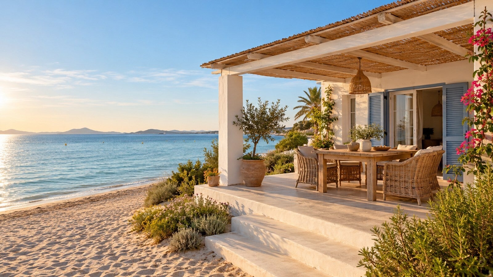 Casa de playa con porche junto al mar