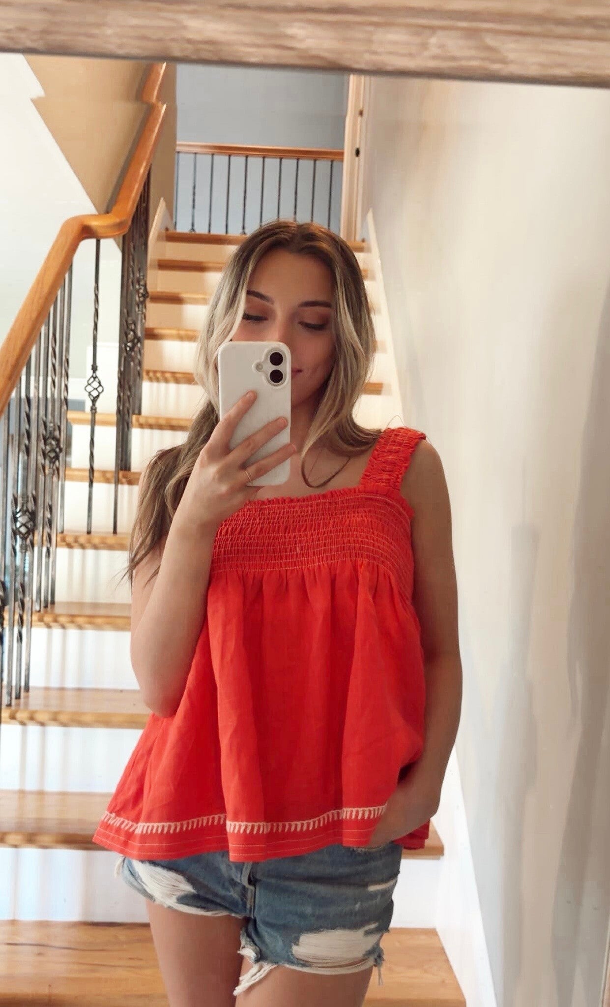 Red Smocked Swing Top