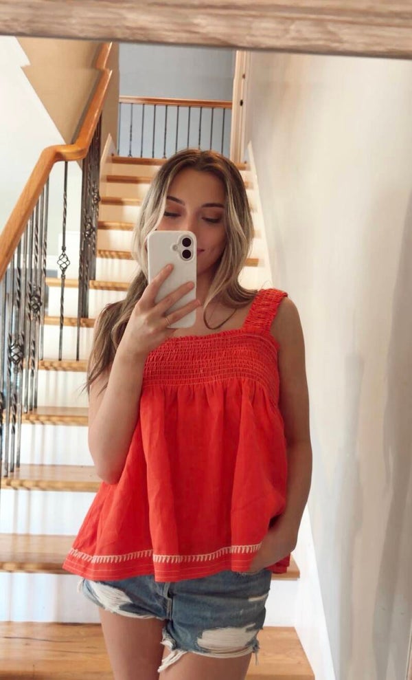 Red Smocked Swing Top