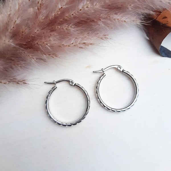 Rvs creolen, bewerkt 2, zilver