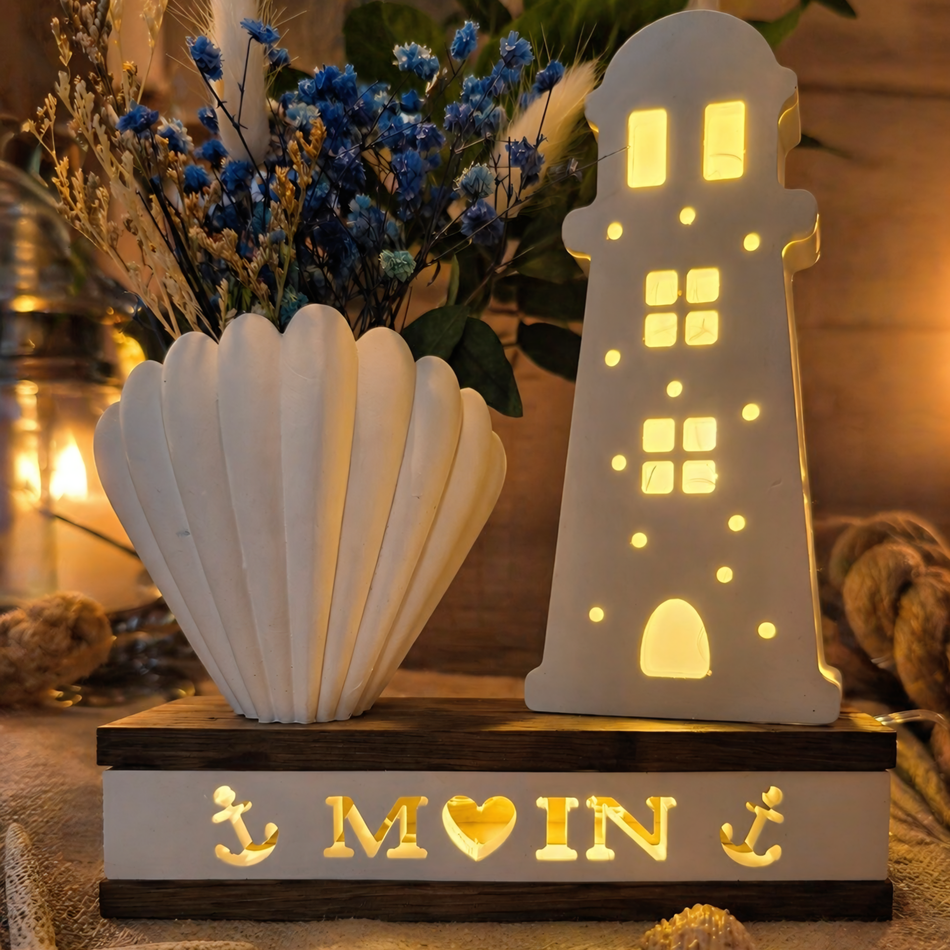 Lichtsockel "Moin" inkl Vase und Leuchtturm