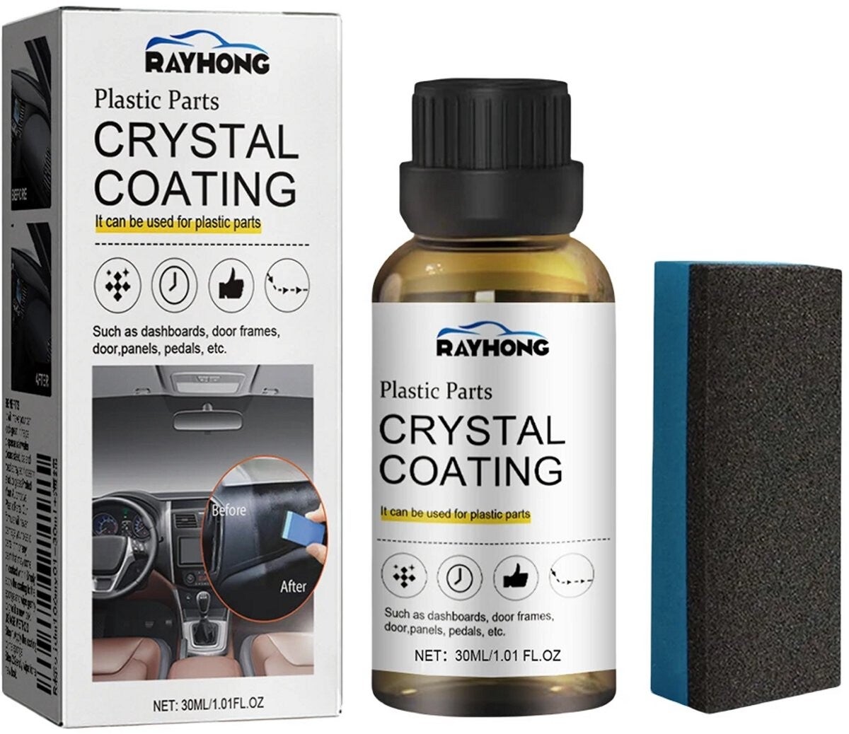 Plastic Restorer Crystal Coating 30ML – Kunststof Hersteller Auto Interieur & Exterieur – Dashboard Renovatie – Kunststof Coating met Applicatiespons