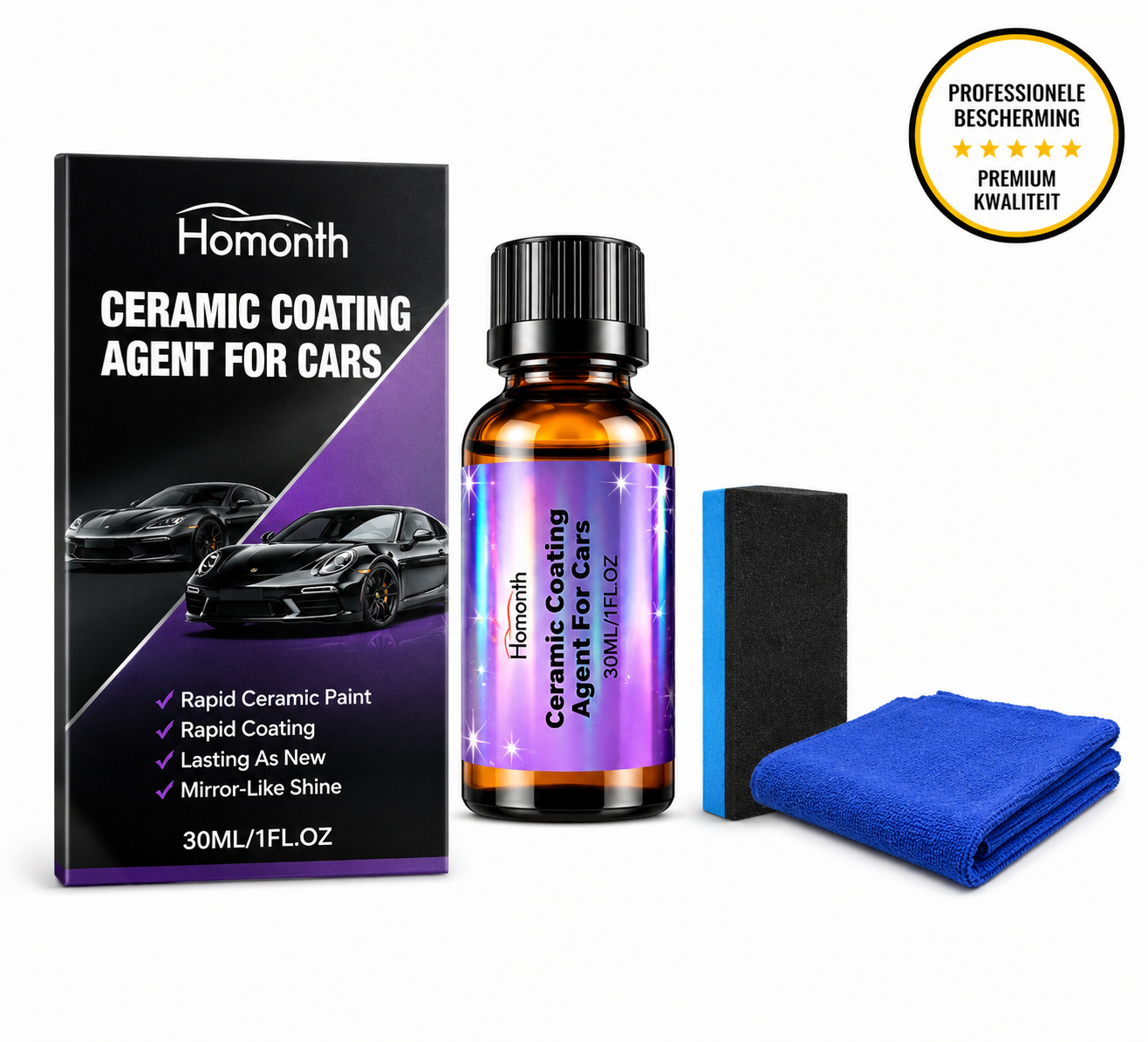 Keramische Coating Auto & Glas 30ML – Nano Ceramic Coating – Lak- en Glasbescherming – Waterafstotend – Hoogglans – Inclusief Spons & Microvezeldoek