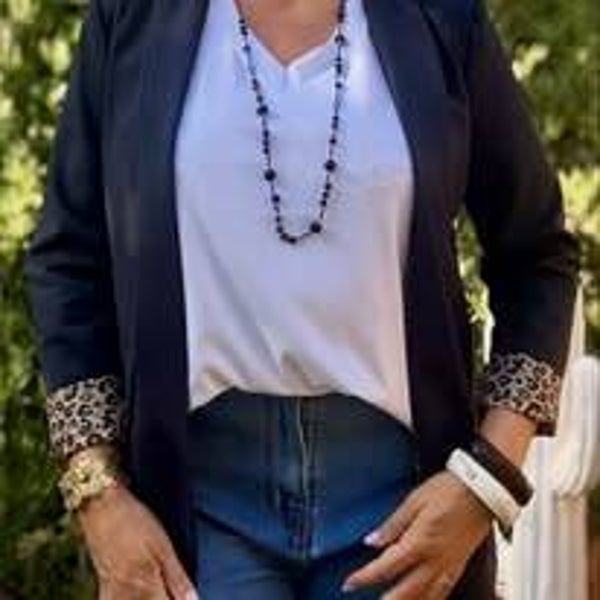 Veste de tailleur noire à doublure léopard BLEU MARINE