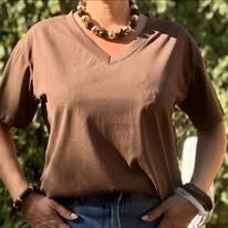 T-shirt Oversize Col V en Coton  MARRON