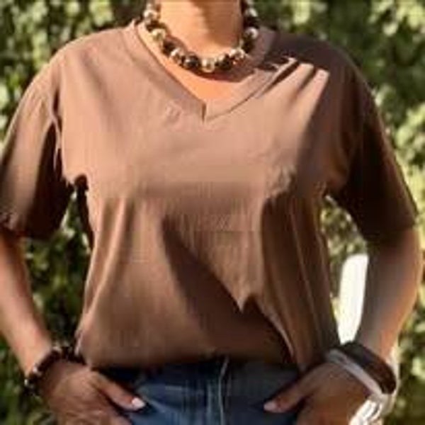 T-shirt Oversize Col V en Coton  MARRON