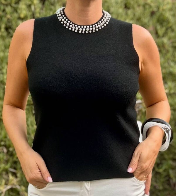 Pull sans manche col perlés NOIR - TAUPE OU BEIGE