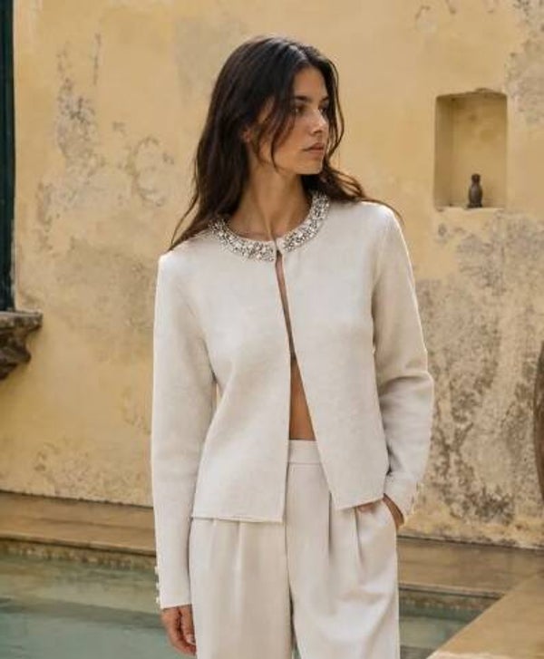 Gilet beige col strass