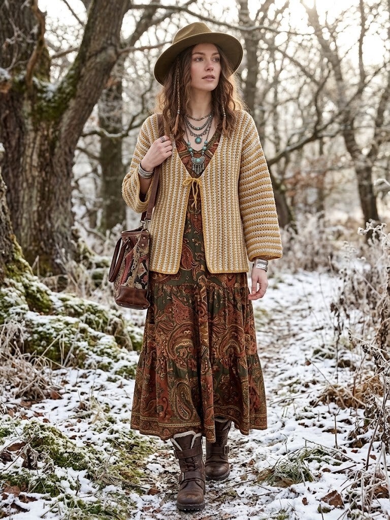 Handgehaakte Kimono Vest - Mosterdgeel & Ecru