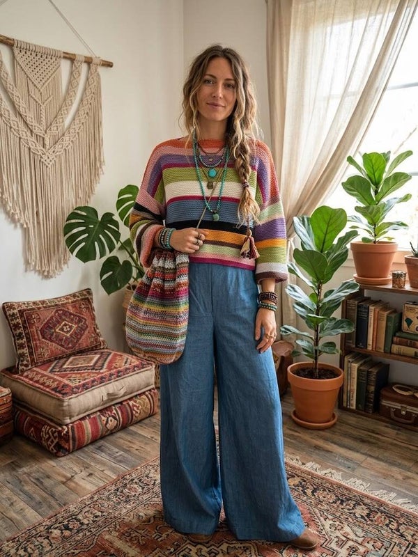 Kleurrijke Boho Gestreept Gebreide Trui & Schoudertas