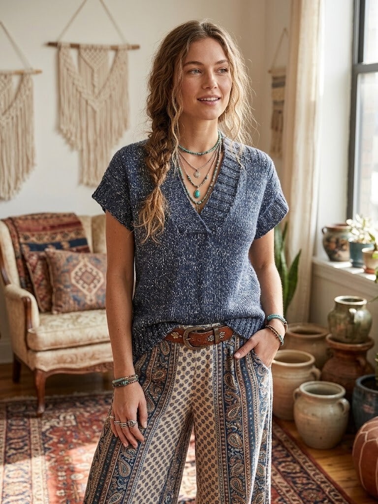Gebreide Boho Spencer - Denim Blue Speckle