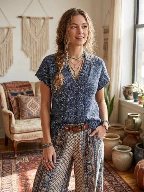 Gebreide Boho Spencer - Denim Blue Speckle