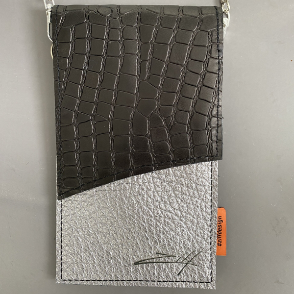 Handgemaakt leren telefoontasje Rome zwart croco en zilver