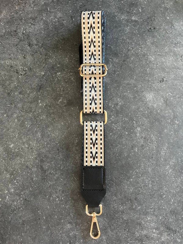 Bag strap / Tassenriem zwart met wit, beige en groen