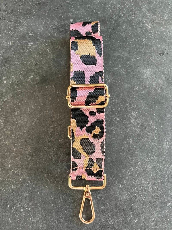 Bag strap / Tassenriem luipaard print roze zwart goud