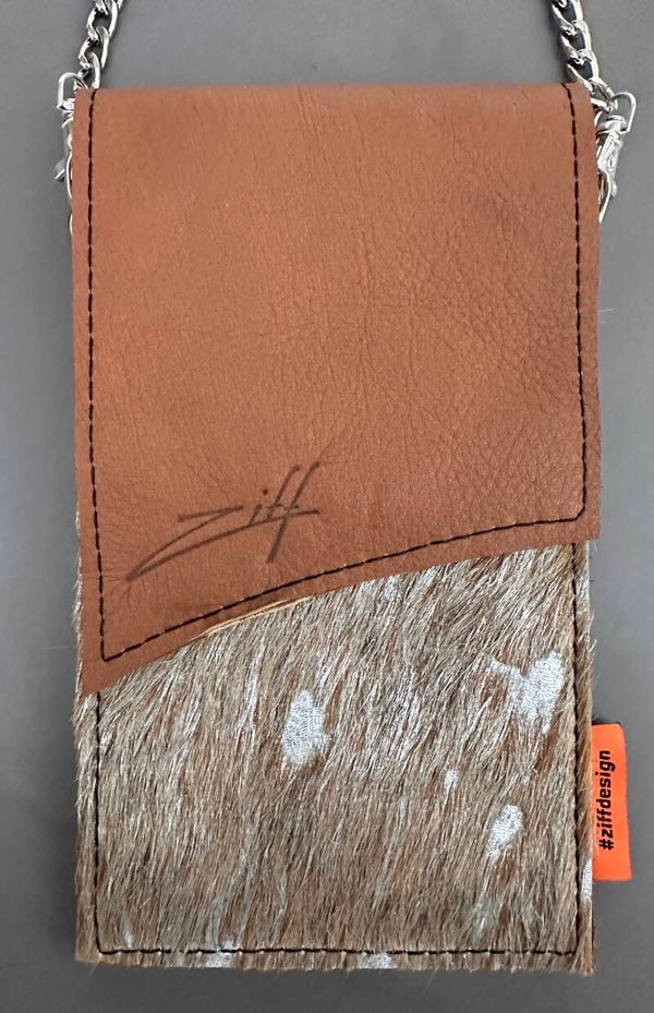 Handgemaakt leren telefoontasje Rome cognac en koeienhuid met zilver