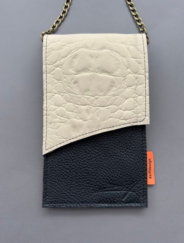 Handgemaakt leren telefoontasje Rome crème croco en zwart