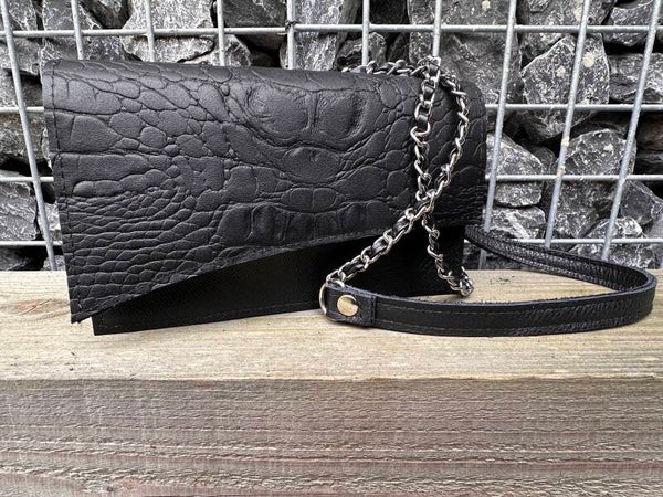 Handgemaakt leren tas Florence zwart croco met zwart leer