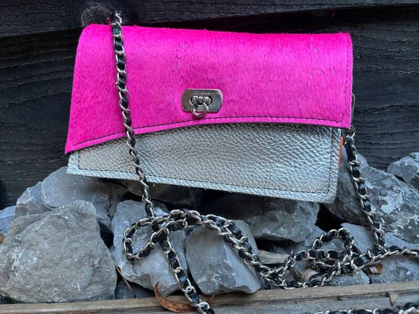 Handgemaakt leren tas Florence fuchsia roze en zilver