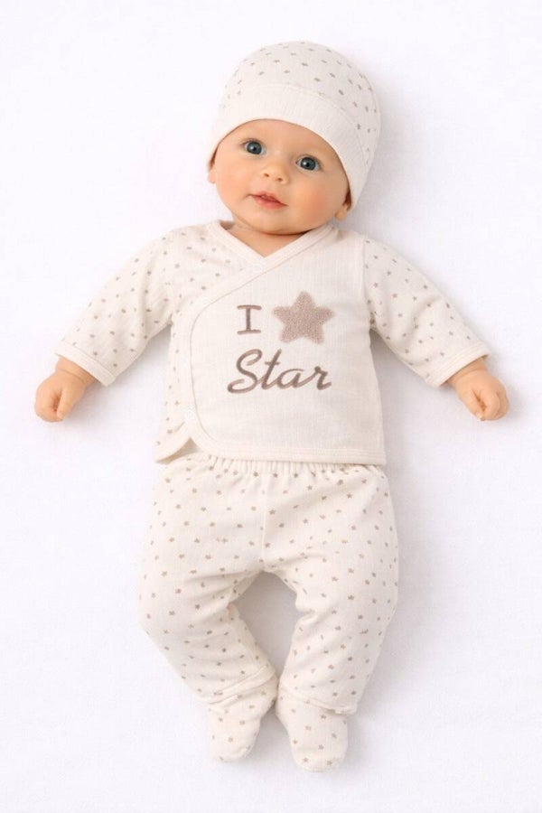 Baby Outfit, 3er Set, Wickelshirt, Hose mit Fuß, Mütze, 100% Baumwolle