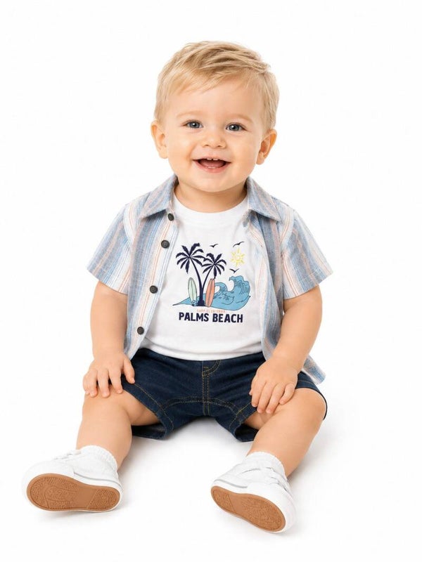 Freizeitanzug Jungen Sommer Set 3-teilig mit Hemd, Shirt & Shorts, 100% Baumwolle