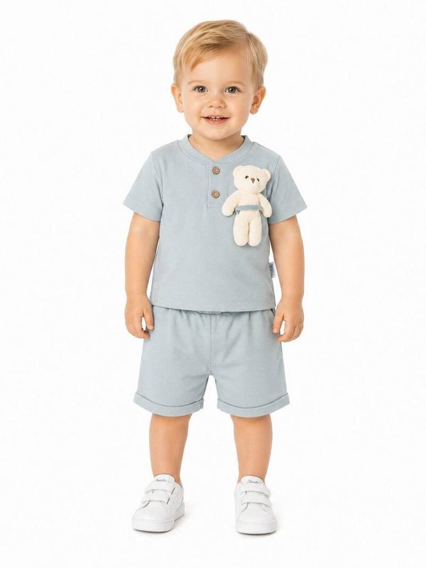 Jungen Baby Outfit, 2er Set, T-Shirt + Hose, 100% Baumwolle, Hellblau