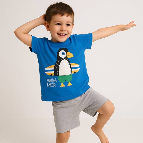 Jungen Outfit, 2er Set: T-Shirt + Shorts, Blau/Rot, 100% Baumwolle