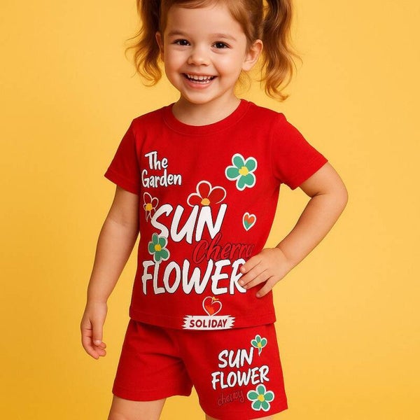 Mädchen Outfit, 2er Set: T-Shirt + Shorts, Rosa/Rot, 100% Baumwolle