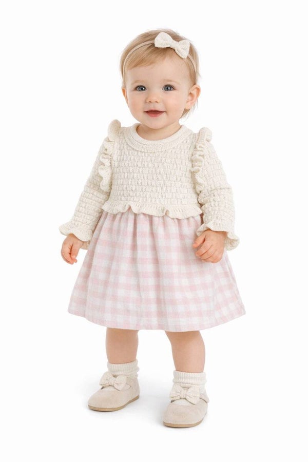 Strickkleid Baby Mädchen Kleid, 100% Baumwolle, Creme + rosa Karo, Rüschen-Design