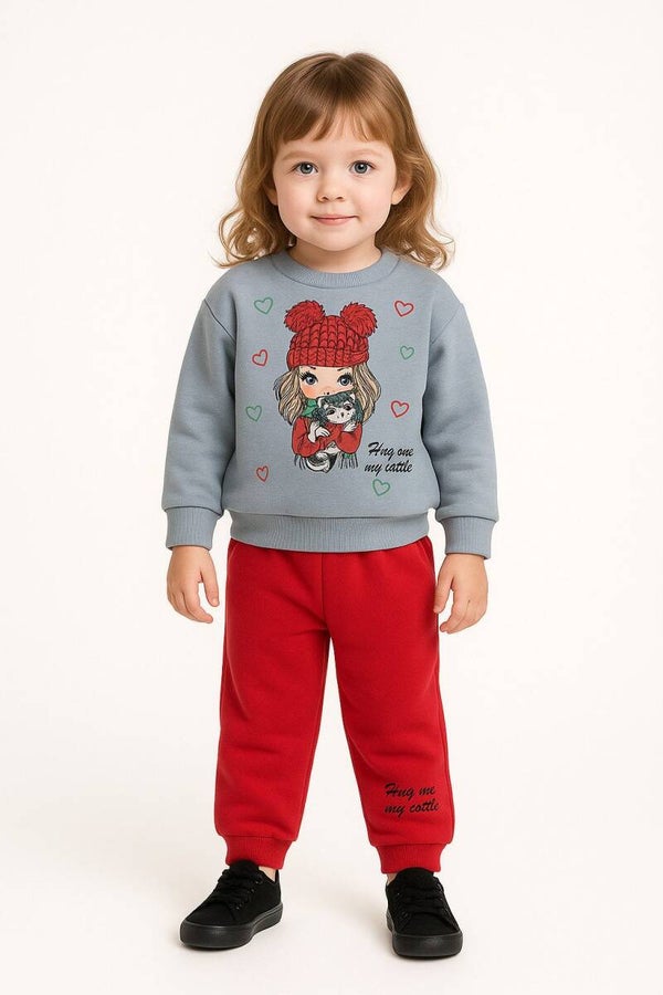 Freizeitanzug Mädchen Outfit, 2er Set, Pullover, Hose, 100 % Baumwolle, Rot-Grau