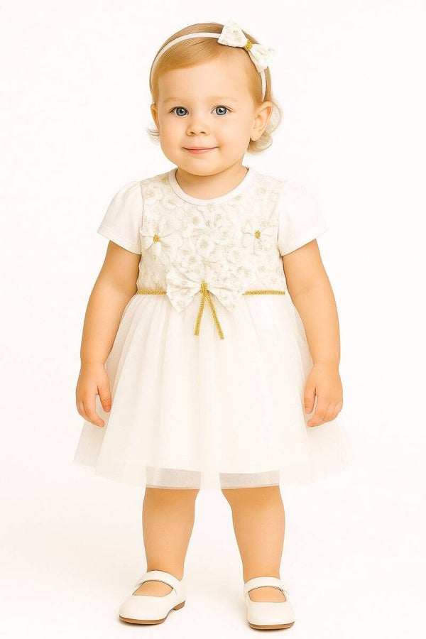 Taufkleid Prinzessin Kleid mit Haarreif, Party Kleid, 100% Baumwolle, Weiß