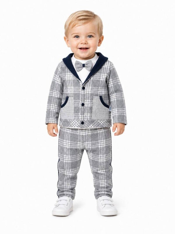 Jungen Outfit Jacke, Hose & Langarmshirt mit Fliege kariert