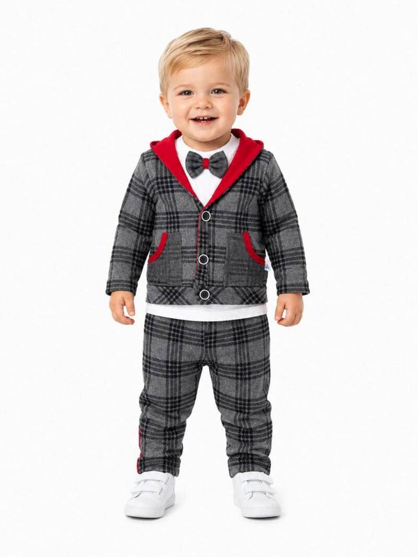 Babyanzug, Jungen Outfit, Jacke Hose Langarmshirt Fliege Kariert