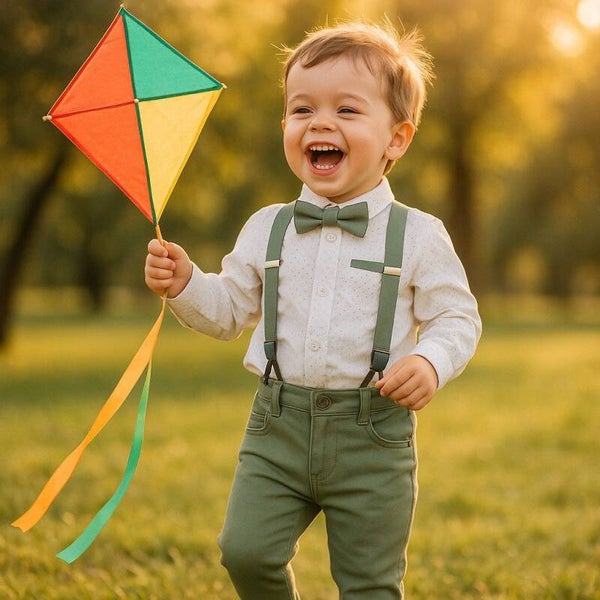 Anzug 4-teilig Jungen Outfit, Grün/Weiß, Set: Hemd + Hose + Fliege + Hosenträger