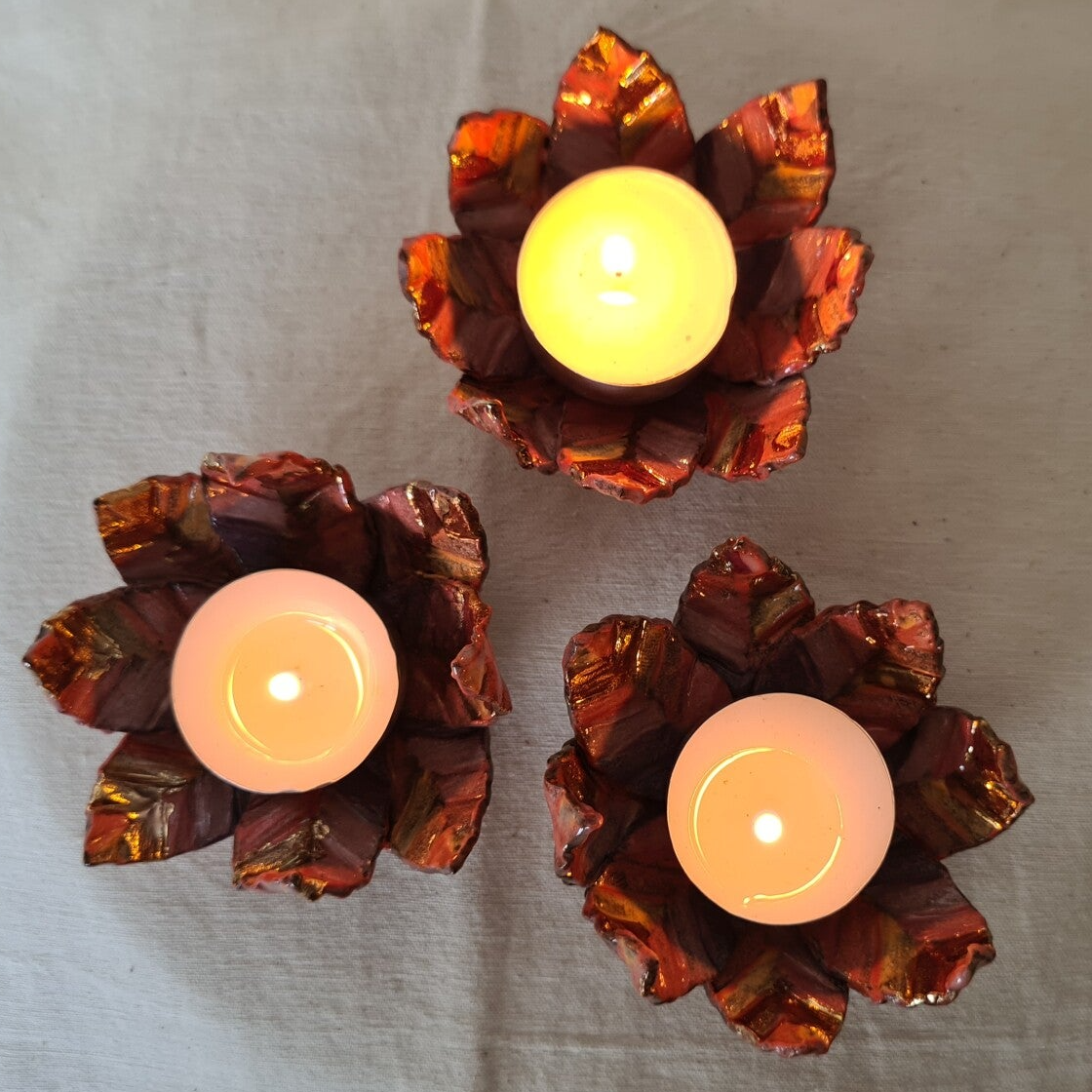 Waxinelichtje bladmotief roze goud