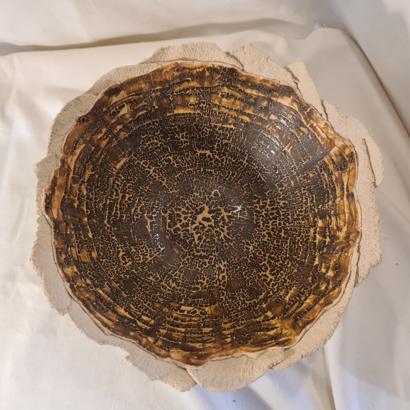 decoratieve keramische diepe schaal van keramiek met slangenhuid glazuur in beige en bruin 