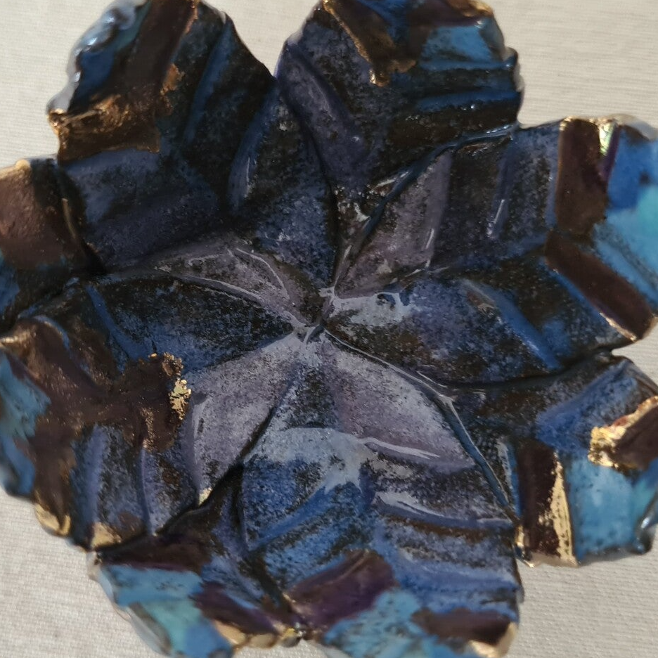 Waxinelichtje bladmotief blauw goud