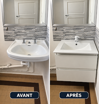 Avant / après : ancien lavabo remplacé par un meuble vasque suspendu avec nouvelle robinetterie.