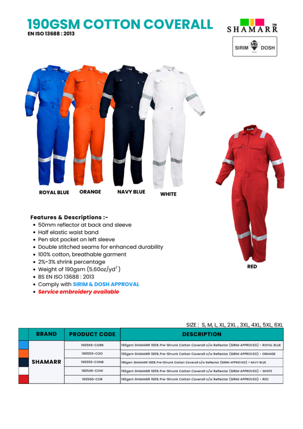 SHAMARR 190GSM COTTON COVERALL (SIRIM/DOSH)