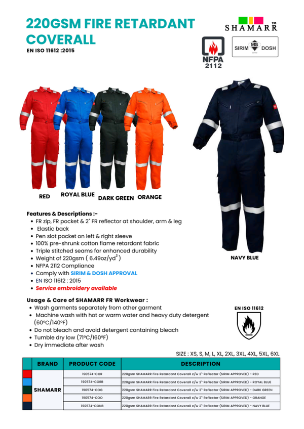 SHAMARR 220GSM FIRE RETARDANT COVERALL (SIRIM/DOSH)
