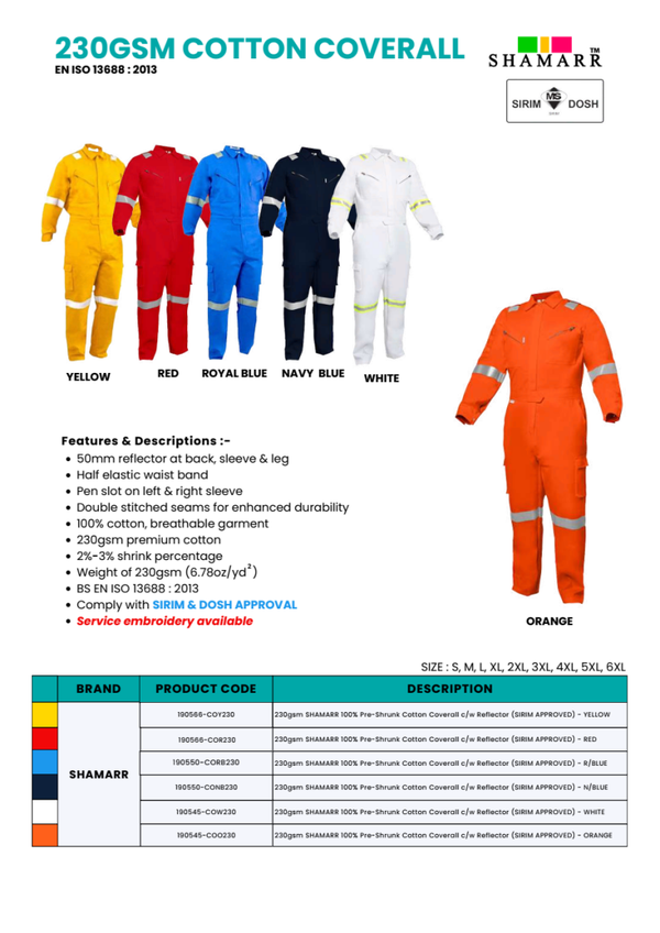 SHAMARR 230GSM COTTON COVERALL (SIRIM/DOSH)